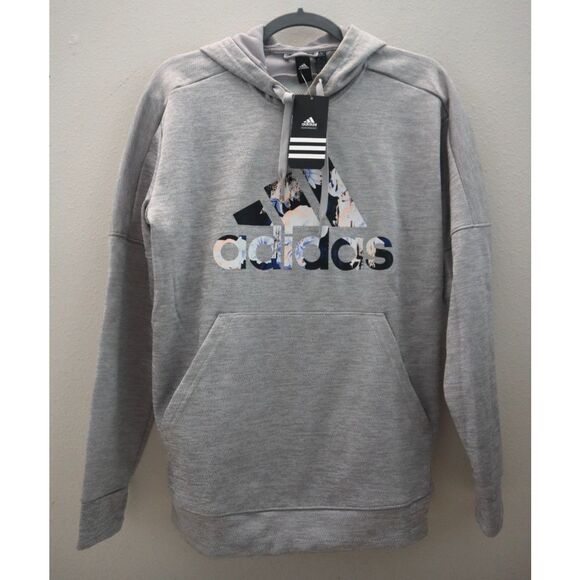 Adidas 952194 Women's Sz L Gray Heather Floral Print Lined Pullover Hoodie - Picture 1 of 6